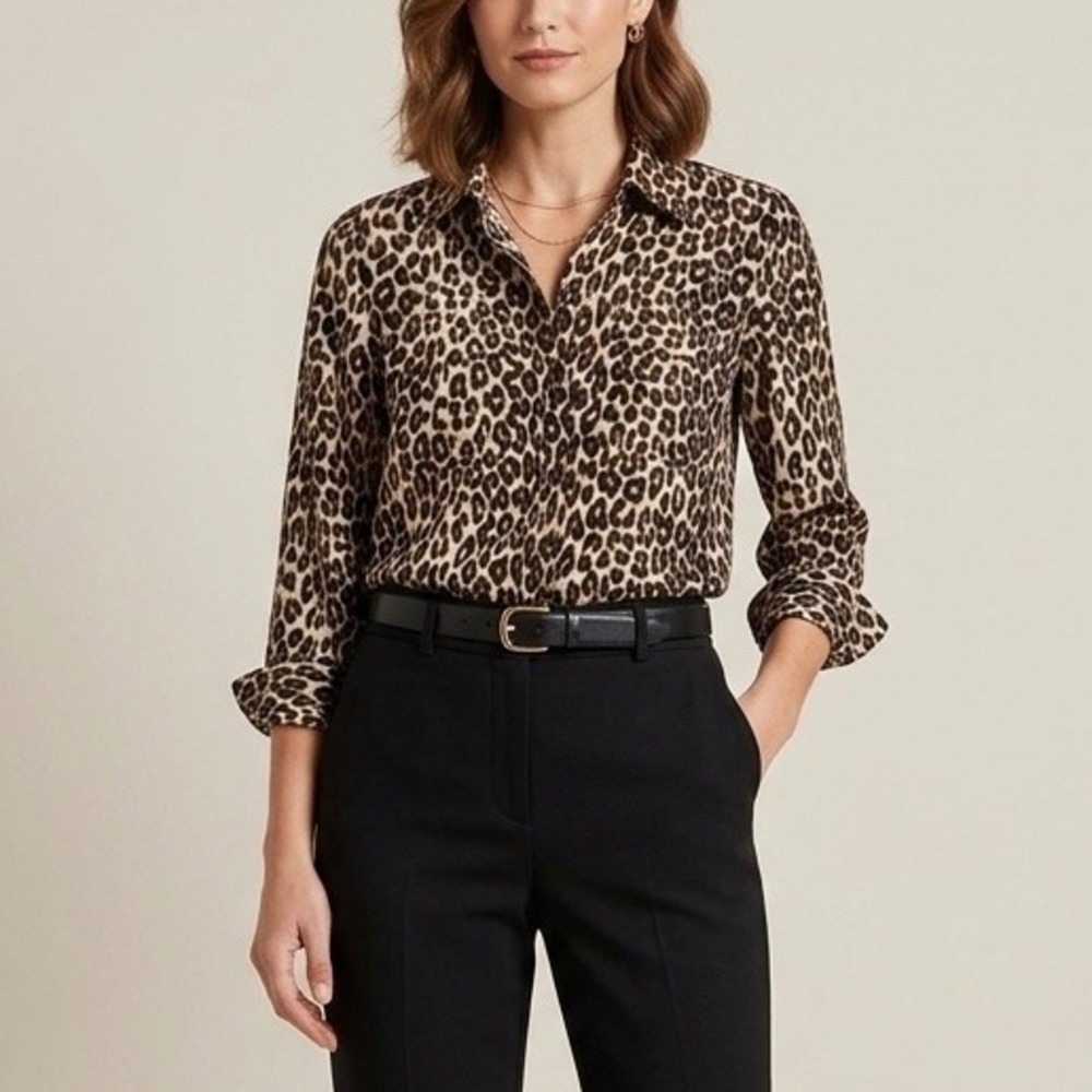 Equipment Femme Slim Signature 100% Silk Blouse Leopard Print Size XXS